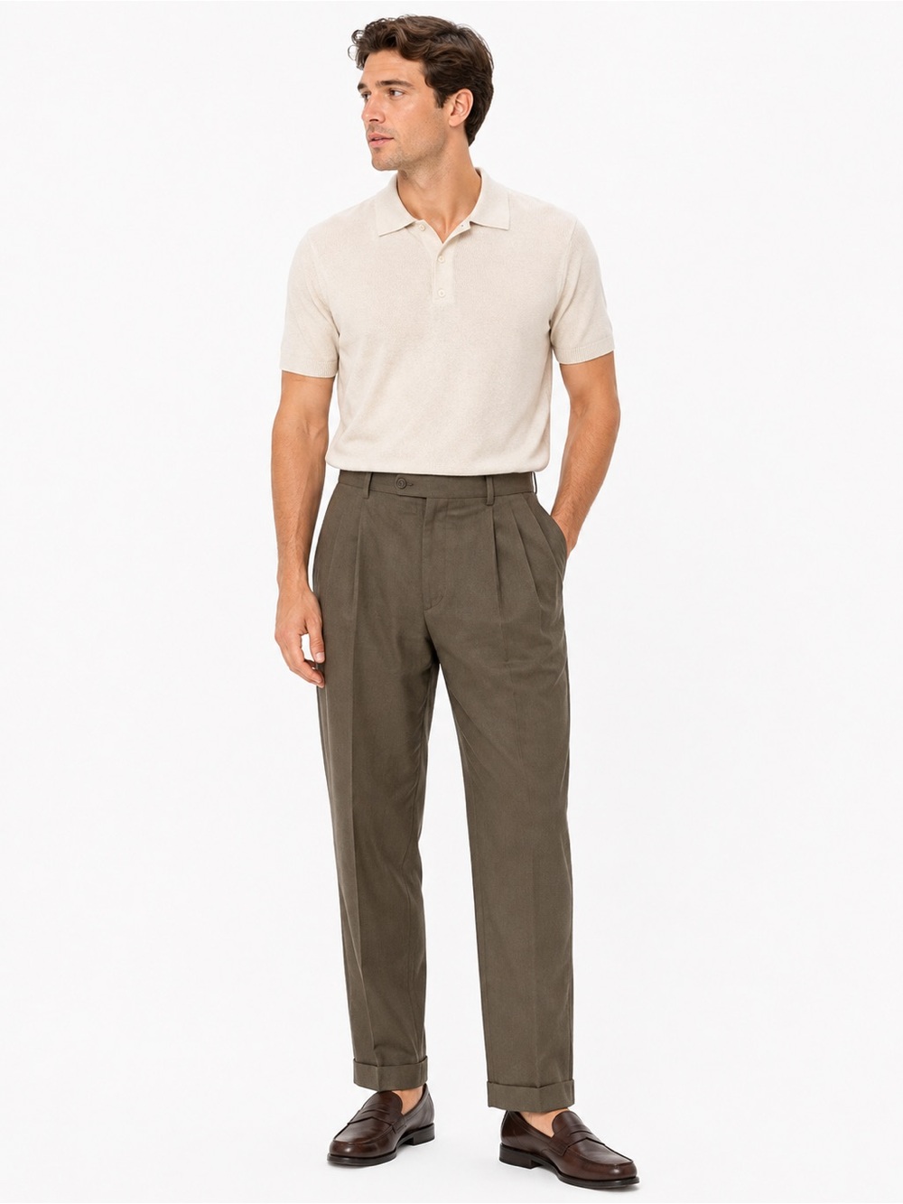 Pleated Chino Pants in Olive for Men - 1043